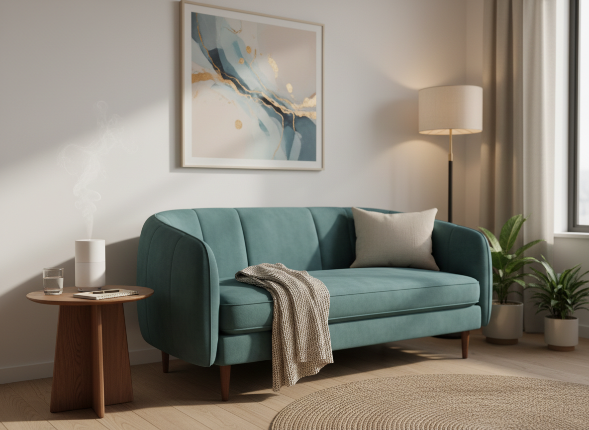 A serene corner of a wellness office without any human presence, featuring a plush teal therapy couch neatly draped with a light beige throw and a soft cushion, positioned beside a round wooden side table. On the table are a glass of water, a notepad, and a slim, modern essential oil diffuser releasing a fine, illuminated mist. The wall behind is painted a warm off-white with a framed abstract artwork in muted blues and golds. Warm, indirect lamp light combined with faint natural light from a nearby window creates a cozy, reassuring mood. Photographic realism, eye-level composition, moderate depth of field, conveying comfort and emotional safety.