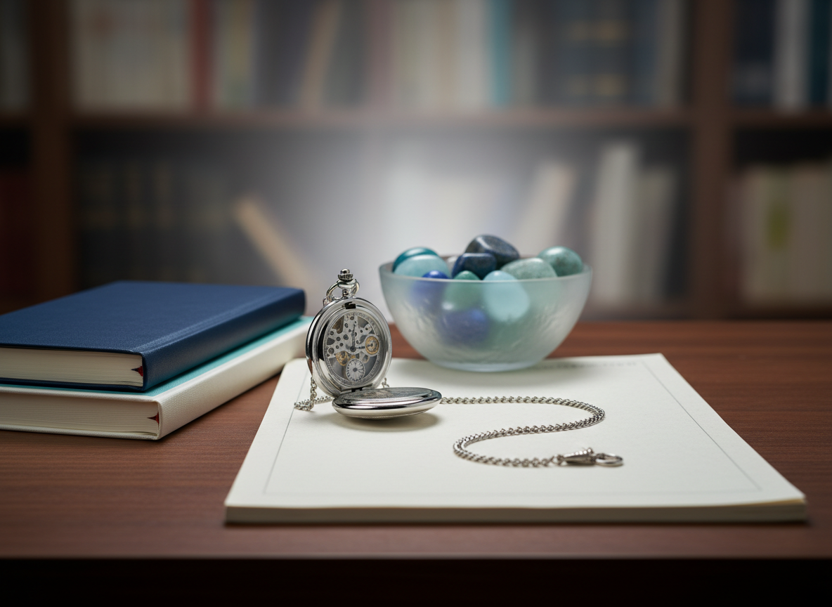 A symbolic representation of the subconscious mind using objects only: a smooth wooden desk holding a neatly stacked set of three notebooks in shades of navy, teal, and white, beside a polished silver pocket watch lying on an open blank page, its chain gently curved. Behind them, a frosted glass bowl contains an assortment of polished semi-precious stones in calming blues and greens. The background fades into a softly blurred bookshelf. Soft studio lighting from above and slightly behind creates a subtle halo on the watch and gentle shadows. Photographic realism with a shallow depth of field, contemplative and introspective mood, suitable for explaining how hypnosis works.